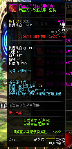 《DNF》最高天作战服皮甲套装属性